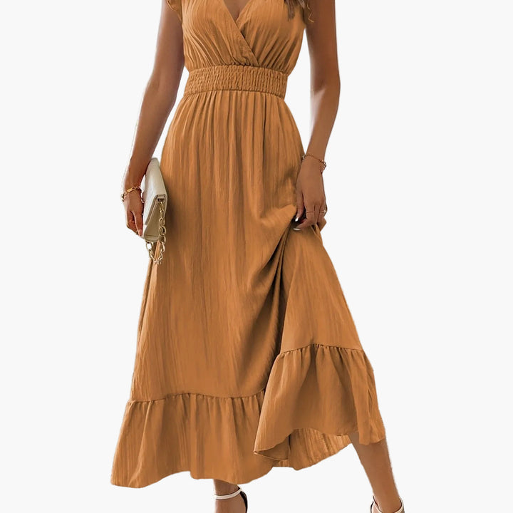 Romantisches, fließendes Damen Maxikleid mit Volantärmeln und V-Ausschnitt. Perfekt für Feste.