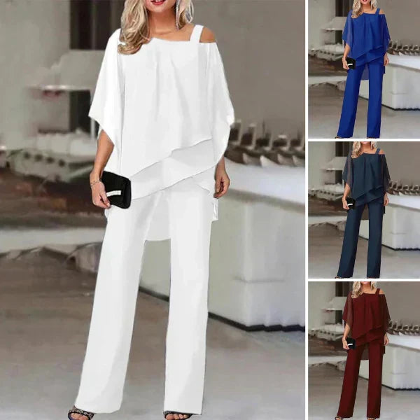 Moderner Damen Zweiteiler: Off-Shoulder Top und lockere Hose. Ein elegantes Set für Freizeit & Frühling.
