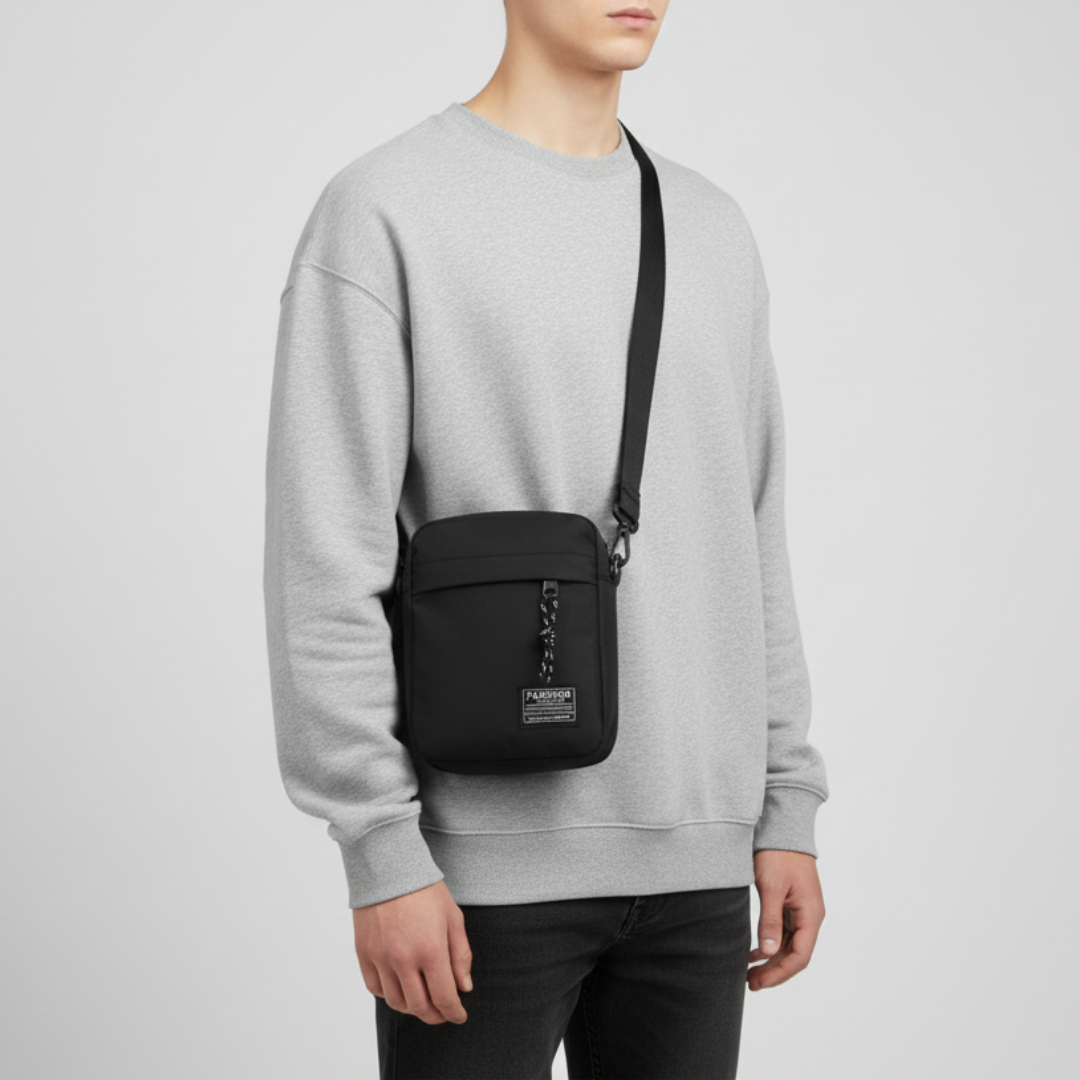 Schwarze Unisex Crossbody-Umhängetasche aus robustem Oxford-Stoff. Ideal für Alltag, Reise & Organisation.