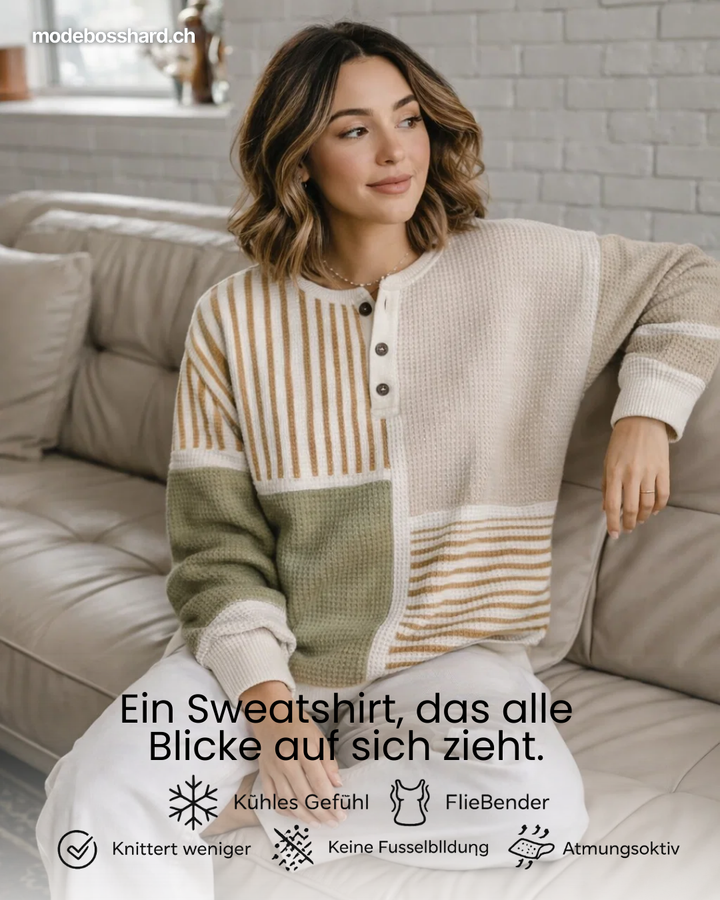 Beiges Damen Sweatshirt mit einzigartigem Muster. Warmes, bequemes Oberteil für lässige Herbst-Winter-Outfits.