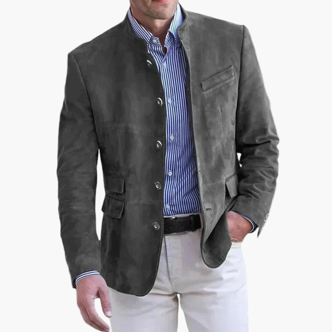 Elegante graue Herren Stehkragen-Freizeitjacke. Bequeme Oberbekleidung für Business Casual Anlässe.