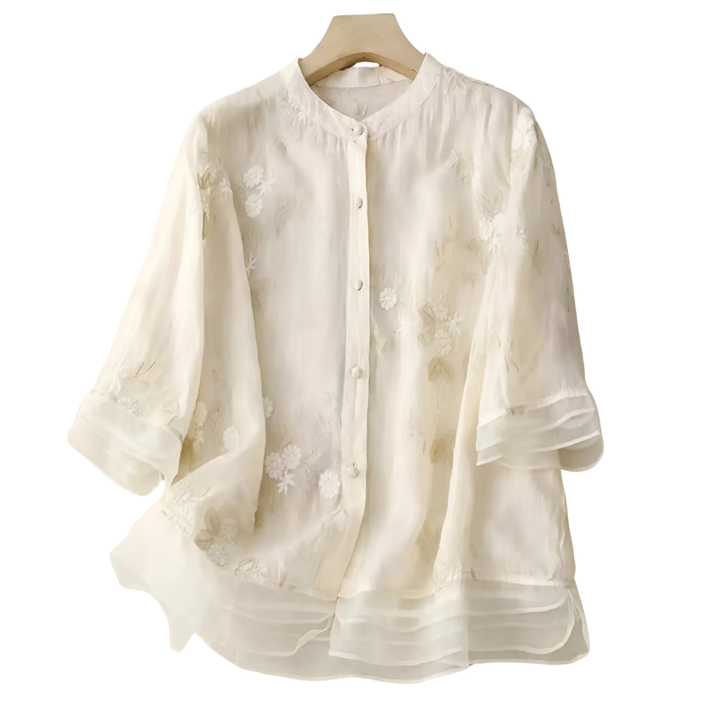 Damen Kurzarm-Top mit zarter Blumenstickerei, bequem & elegant für Freizeit.