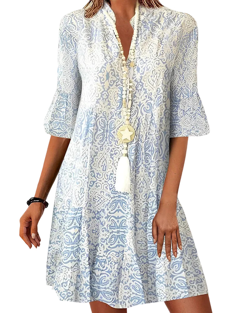 Elegantes Damen Midikleid mit stilvollem Print. Vielseitiges, gemustertes Freizeit- und Abendkleid für Damen.