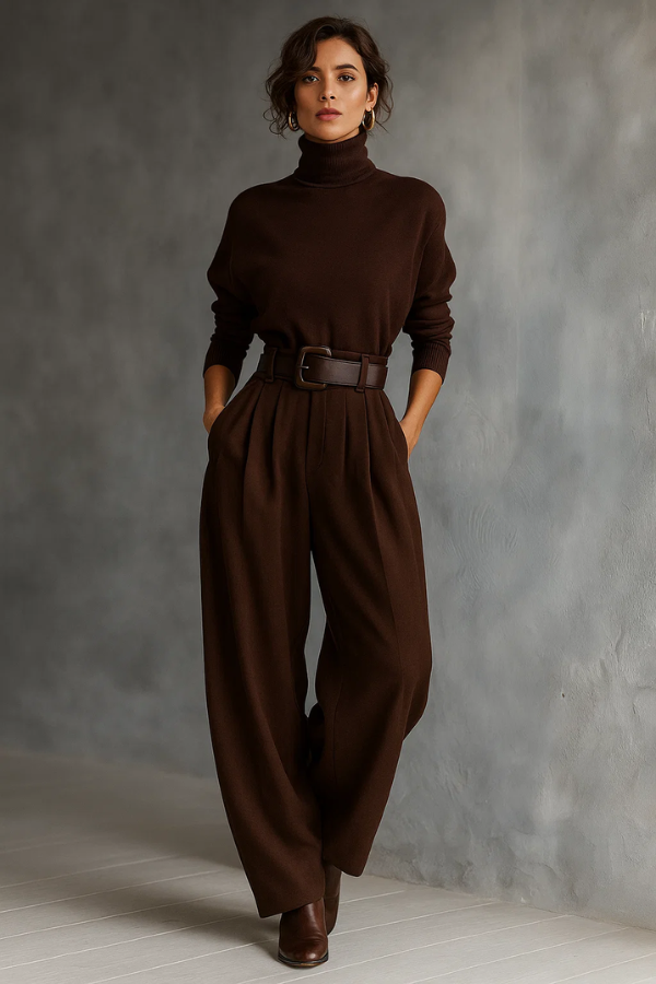 Damen Jumpsuit in Schwarz mit Gürtel, hohem Hals und weitem Bein. Perfekte Kombination aus Eleganz & Komfort.