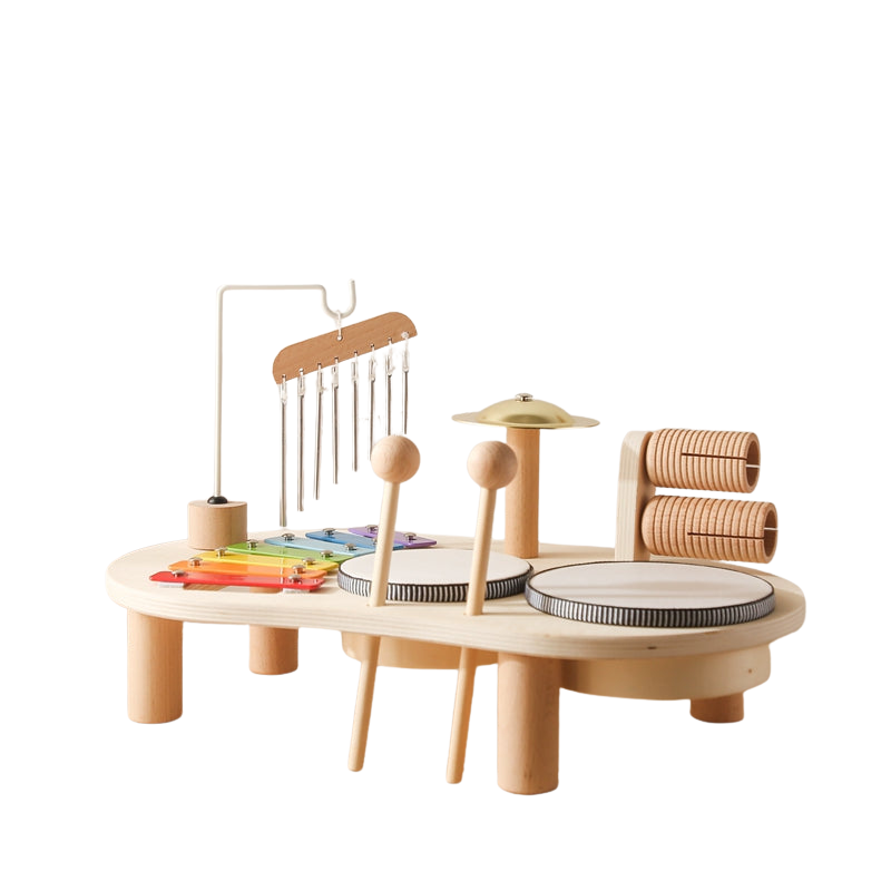 Holzmusikspielzeug für Kinder: Xylophon, Trommel & Becken, ideal für musikalische Frühförderung und Motorik bei Kleinkindern.