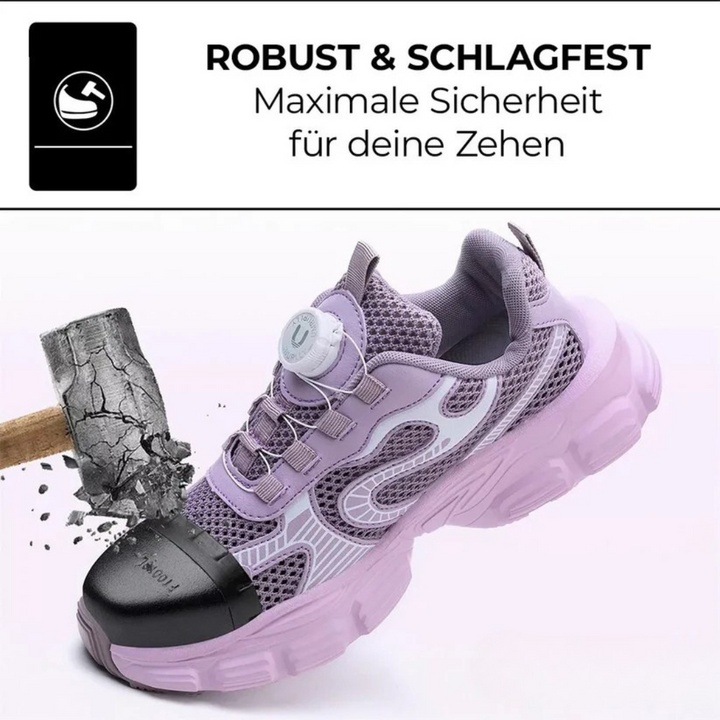Stylische rosa Damen Arbeitsschuhe mit Stahlkappe, bieten Sicherheit und Komfort.