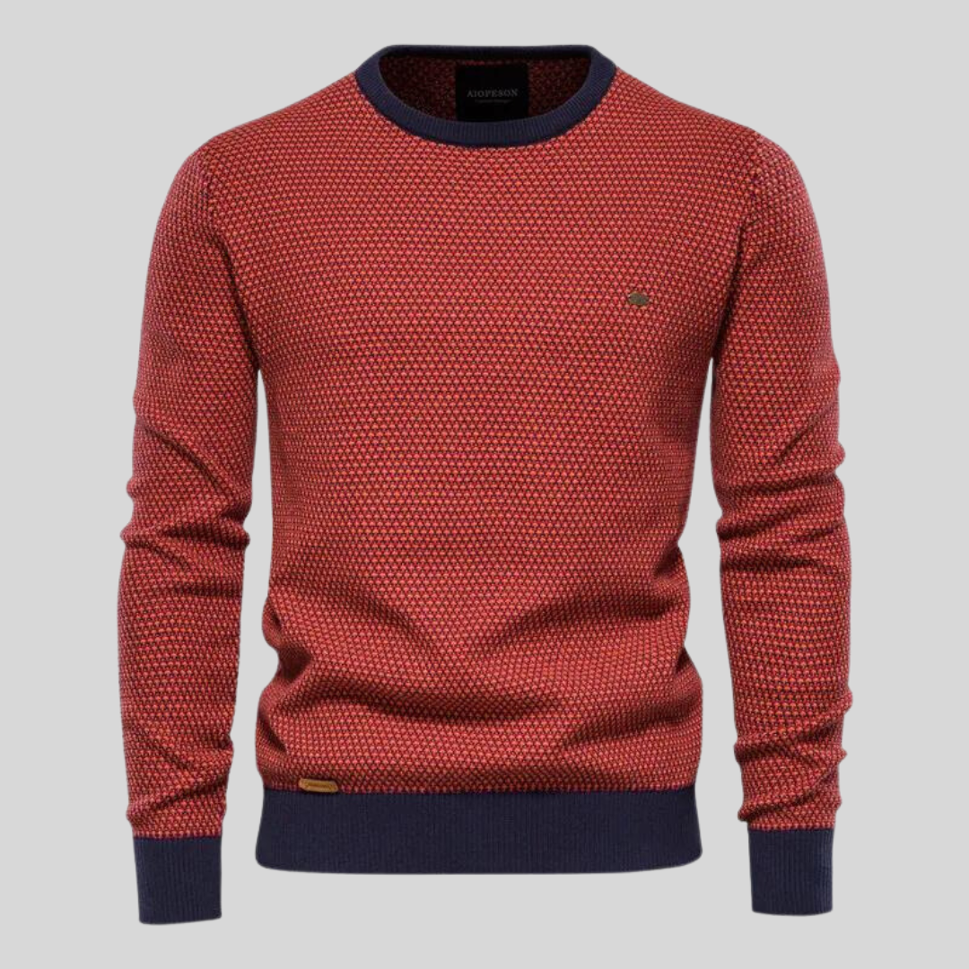 Eleganter orange Herren Strickpullover mit Rundhalsausschnitt. Kuscheliger Langarm Pullover für Herbst & Winter.