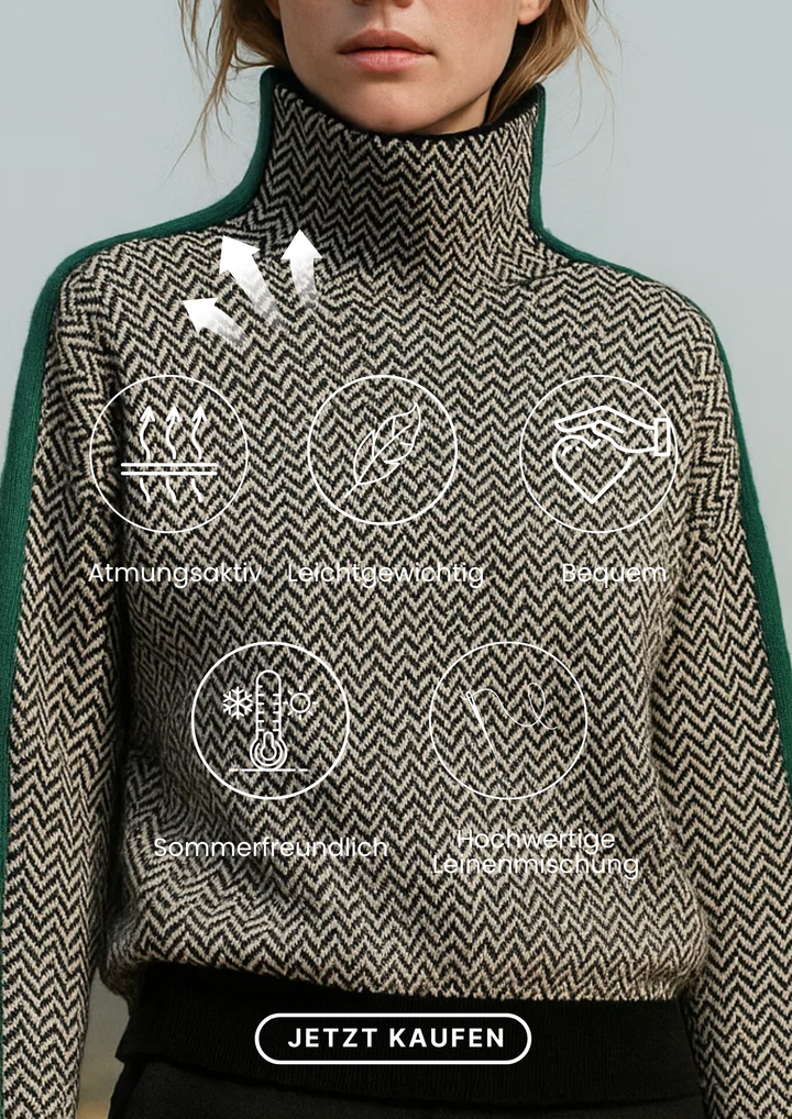 Stilvoller Damen Pullover mit Streifen und Stehkragen. Warmer und bequemer Sweatshirt für jeden Tag.