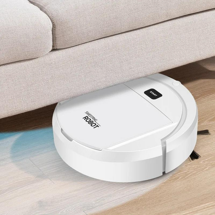 Eleganter, weißer Saugroboter reinigt mühelos Hartböden. Moderner Roboterstaubsauger für jedes Heim.