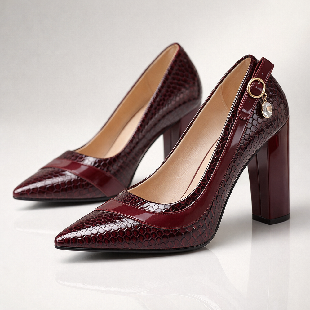 Schwarze Damen-High-Heels mit edler Krokoprägung. Spitz zulaufende Kappe & Blockabsatz für Business & festliche Anlässe.