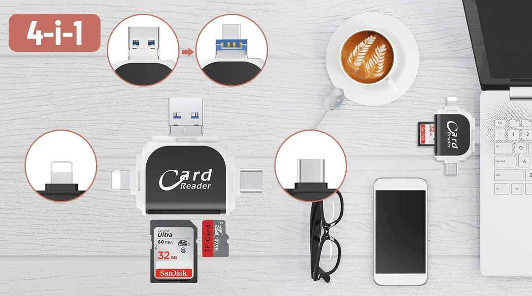 Universeller USB-Kartenleser für SD, MicroSD, SDHC, SDXC. Ermöglicht schnellen Dateizugriff auf Computerzubehör.
