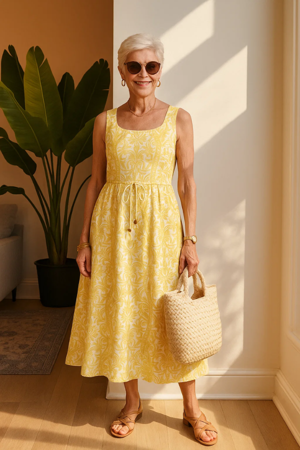 Elegantes gelbes Blumen Maxikleid für Damen, ärmellos, mit A-Linie und Quadrat-Ausschnitt – perfekt als Sommer-Freizeitkleid.