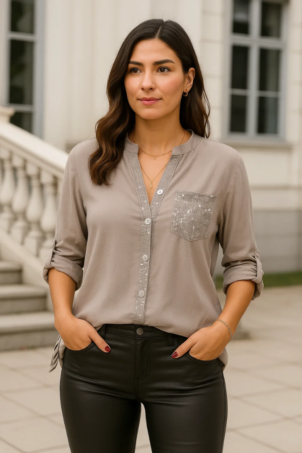 Kurzarm Pailletten Bluse, glitzernd, lockere Passform, ideal für den Abend.