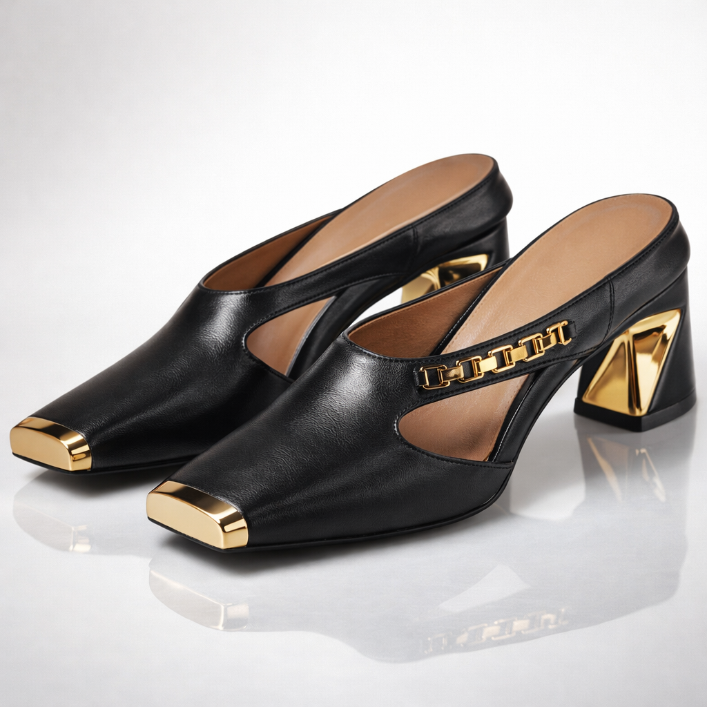 Elegante Damen Mule Heels mit eckiger Kappe und stabilem Blockabsatz. Moderne Damensandalen für Anlässe.
