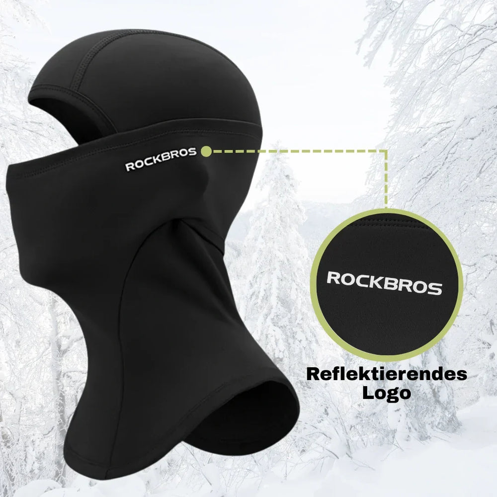 Nahaufnahme schwarzer thermischer Unisex Sturmhaube für Radfahrer, winddichtes und weiches Material für Winter.