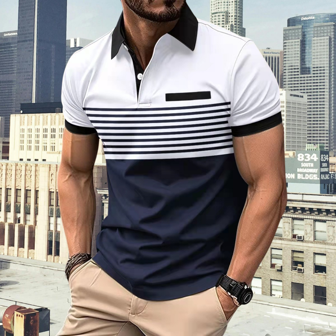 Komfortables Herren Poloshirt langarm, gestreift, mit Kragen. Vielseitiges Alltags- & Herbstshirt für Männer.