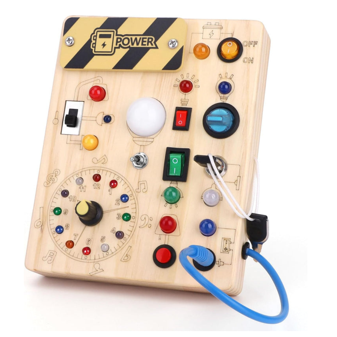 Montessori Holz-Lernspielzeug mit 8 LED-Kontakten. Perfekt für die sensorische Entwicklung & Koordination von Kleinkindern.