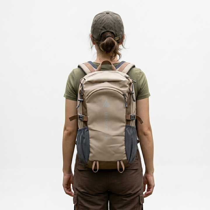Beiger Unisex 40 Liter Wanderrucksack, gepolstert und wasserdicht, perfekt für Outdoor-Touren.