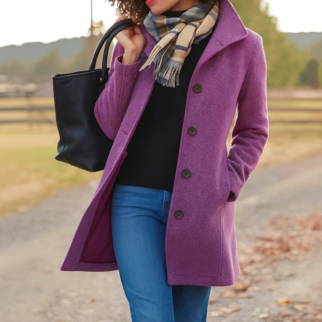 Hochwertiger Damen Knopfmantel, mittellang, für eine elegante Herbst- & Frühlingsgarderobe.