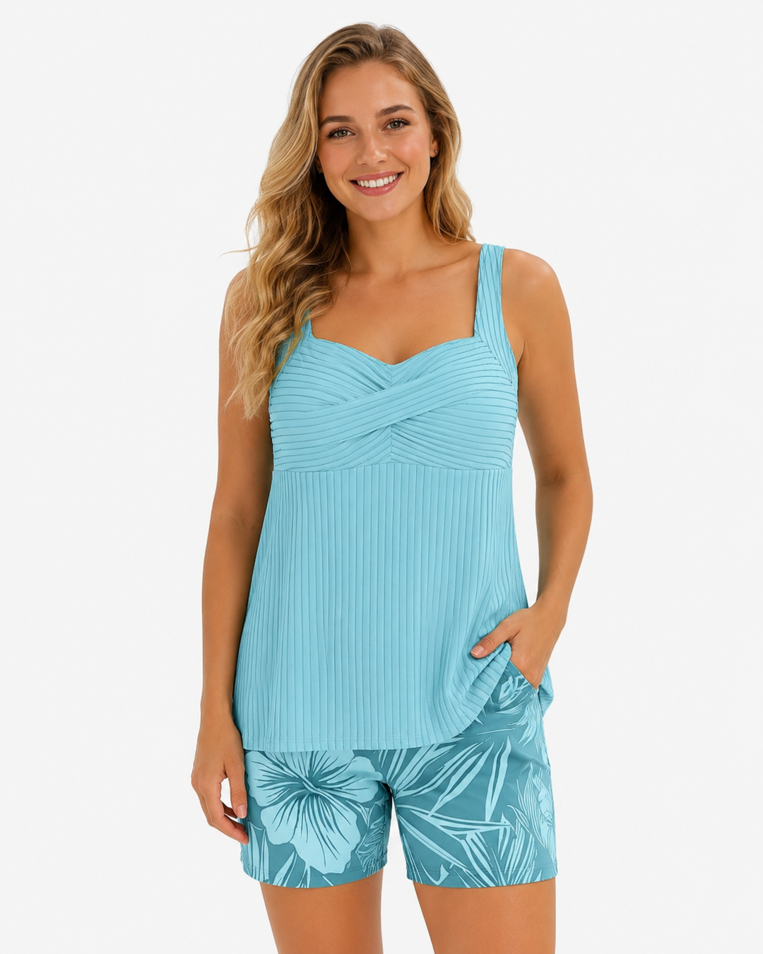 Rückenansicht des Damen Tankini Sets. Modische Bademode mit bequemem Schnitt für den Strandurlaub.