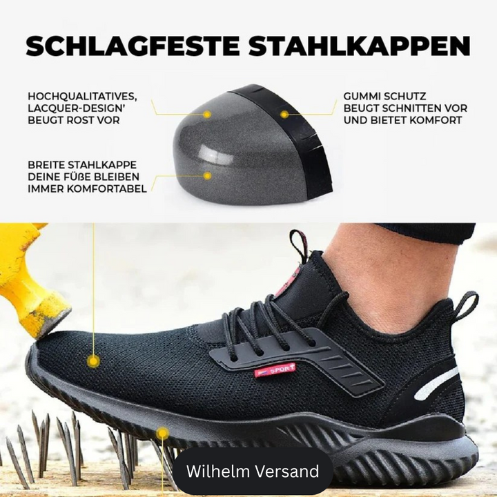 Detail der rutschfesten, durchtrittsicheren Sohle der Herren Sicherheitsschuhe für sicheren Stand.