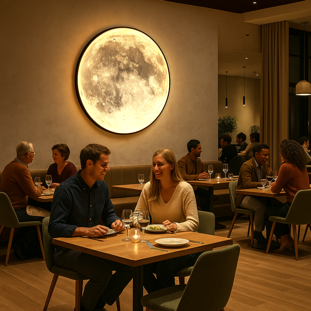 Realistische 3D-Mondlampe als Dekolampe, schafft gemütliches Stimmungslicht im Wohnzimmer.