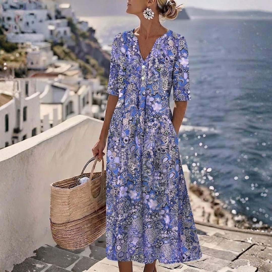 Vielseitiges blaues Damen Midikleid mit V-Ausschnitt und Bauchbedeckung, perfekt als elegantes Sommerkleid.