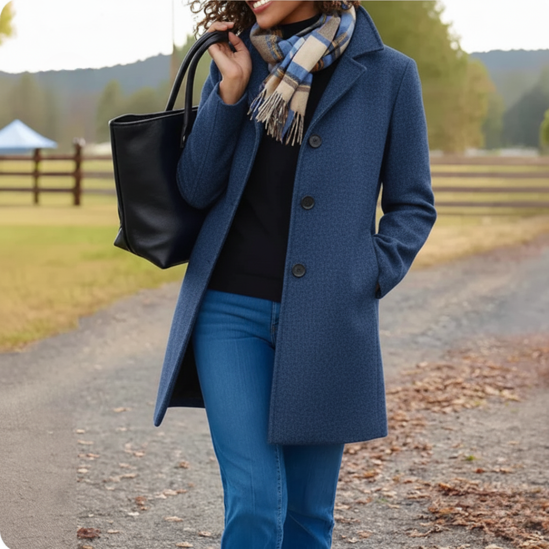 Moderner mittellanger Damen Knopfmantel, vielseitig kombinierbar für stilvolle Herbst-Frühlings-Looks.