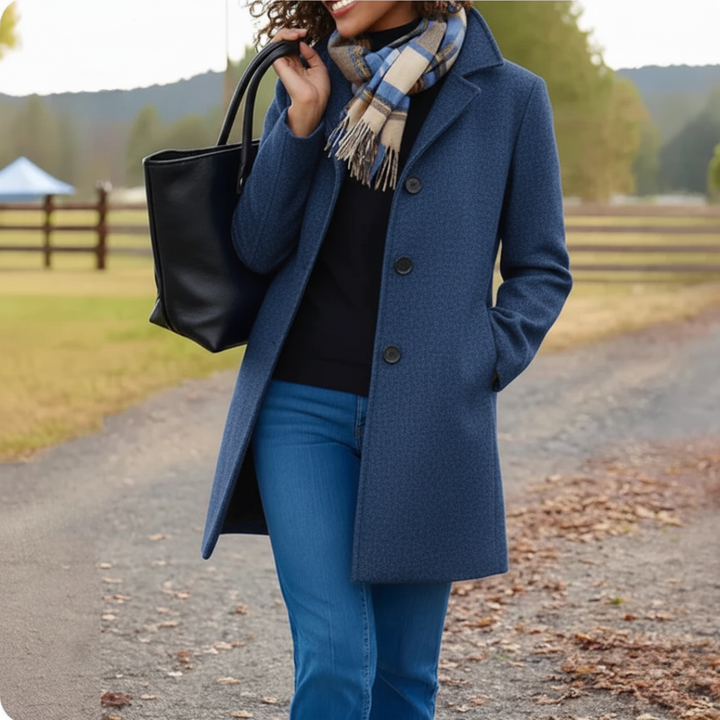 Moderner mittellanger Damen Knopfmantel, vielseitig kombinierbar für stilvolle Herbst-Frühlings-Looks.
