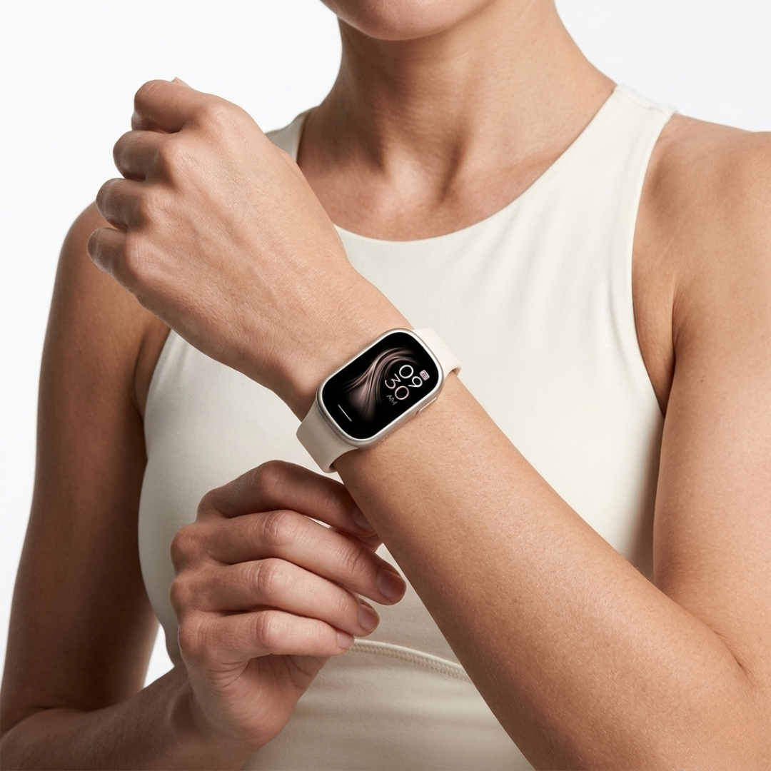 Eleganter Fitnesstracker mit Anruf-/Nachrichtenfunktion, wasserdicht und lange Akkulaufzeit.