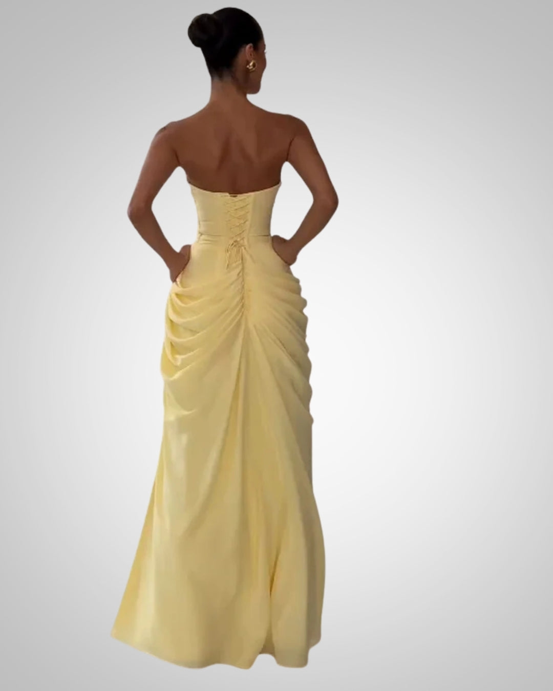 Damen Bandeau Maxikleid mit Schlitz, festlich und elegant, erhältlich in Blau, Gelb. Ideal für Gala, Feier.