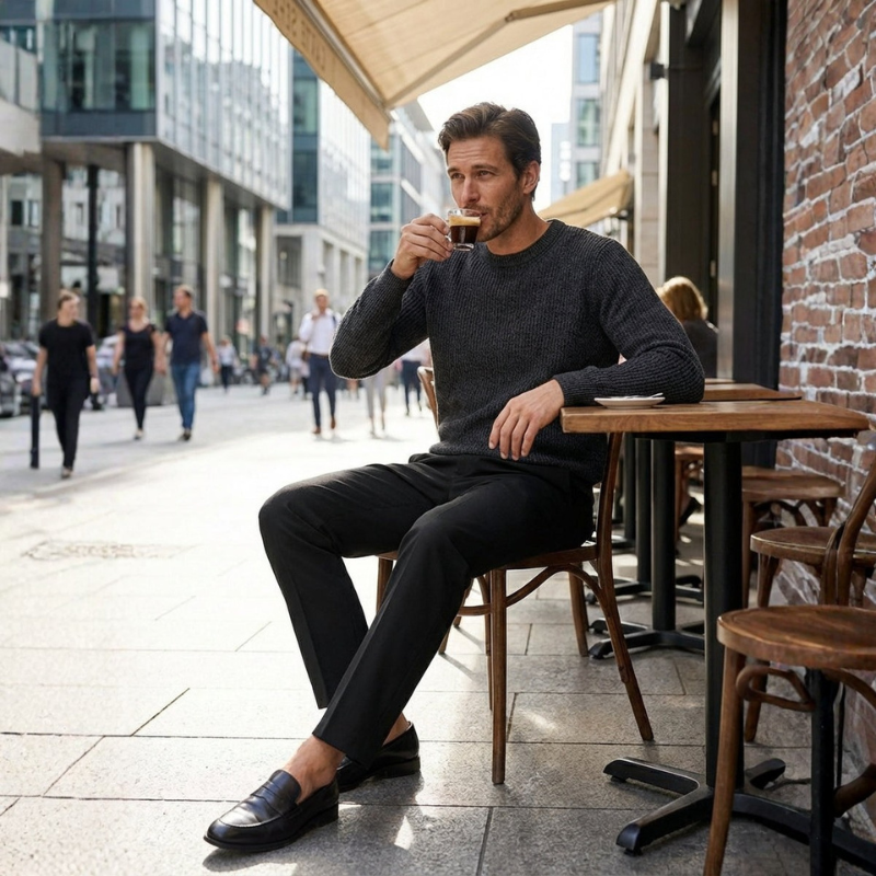 Nahaufnahme: Moderner Slim Fit Schnitt der Herren Business Hose, figurbetont & sehr bequem.