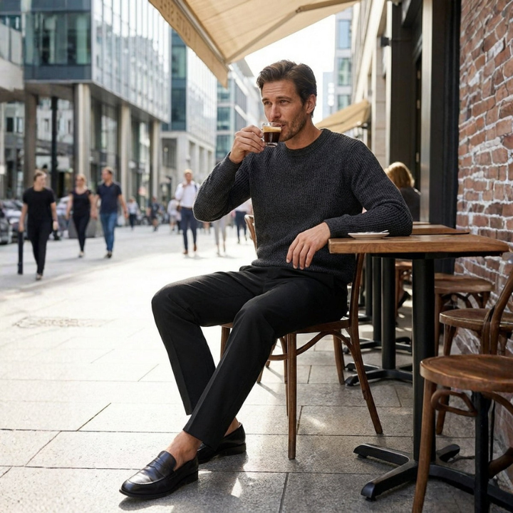 Nahaufnahme: Moderner Slim Fit Schnitt der Herren Business Hose, figurbetont & sehr bequem.