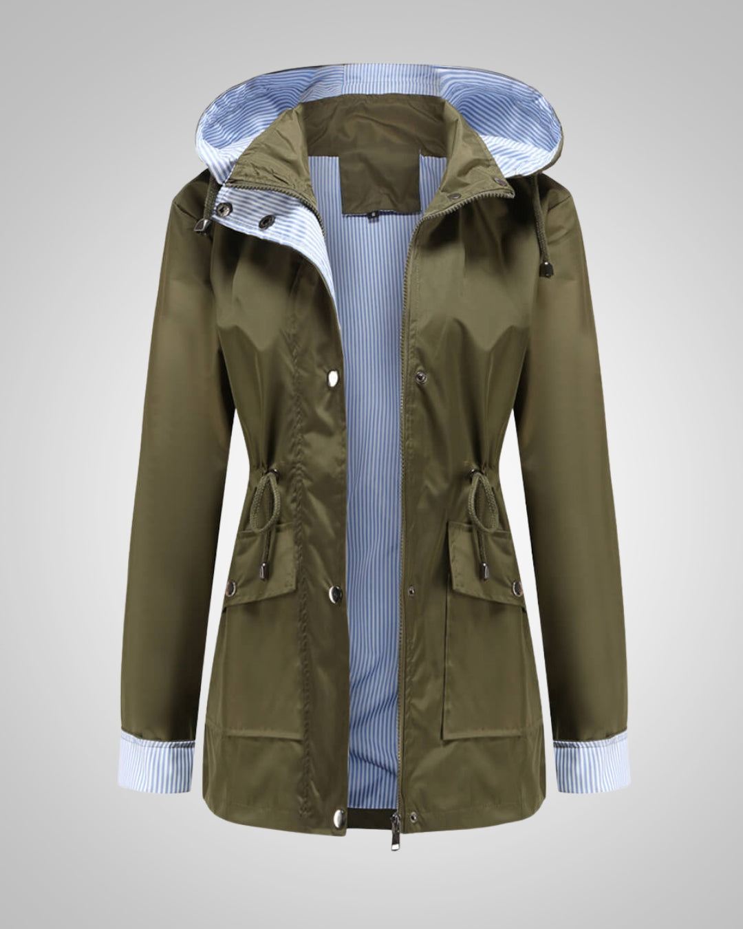 Vielseitige Damen Kapuzenjacke mit Kordelzug, ideal für regnerische Tage, als stilvolle Allwetterjacke.