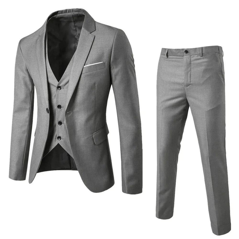 Moderner grauer Herren Business Anzug mit Anzugweste & Hose, ideal für Büro und formelle Kleidung.