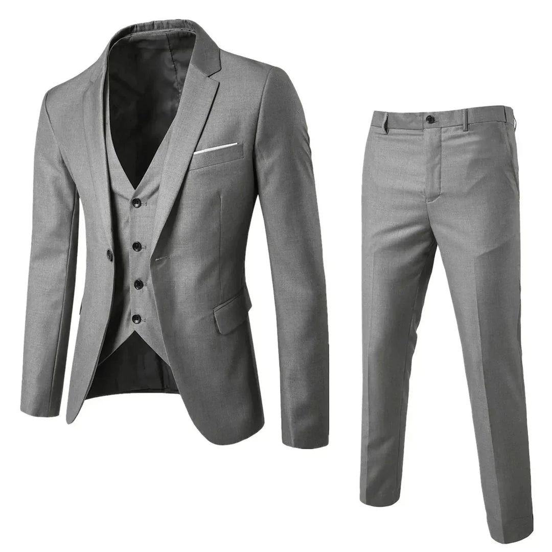 Moderner grauer Herren Business Anzug mit Anzugweste & Hose, ideal für Büro und formelle Kleidung.
