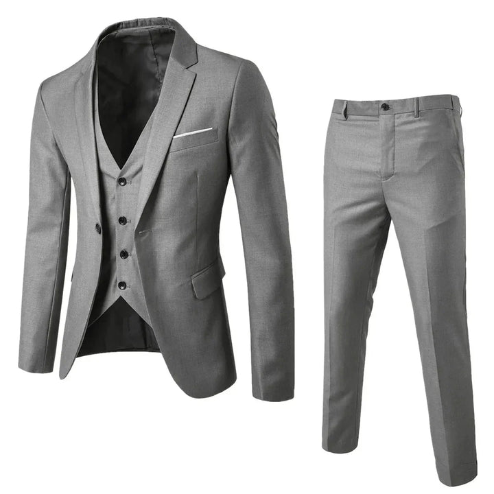 Moderner grauer Herren Business Anzug mit Anzugweste & Hose, ideal für Büro und formelle Kleidung.