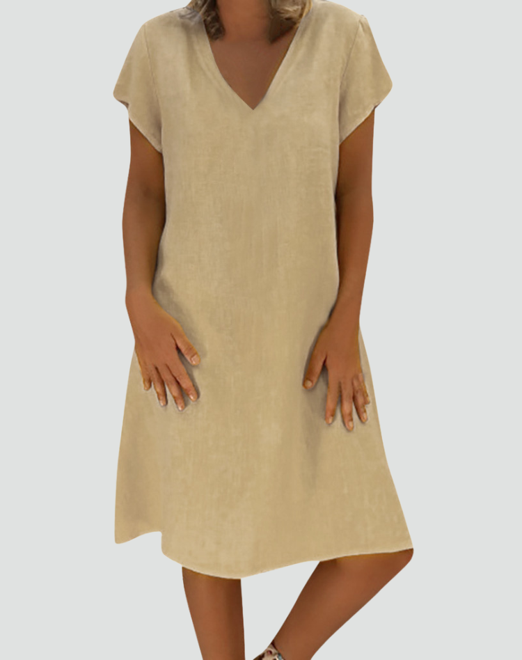 Luftiges Sommer Midikleid für Damen mit lockerem Schnitt und V-Ausschnitt.