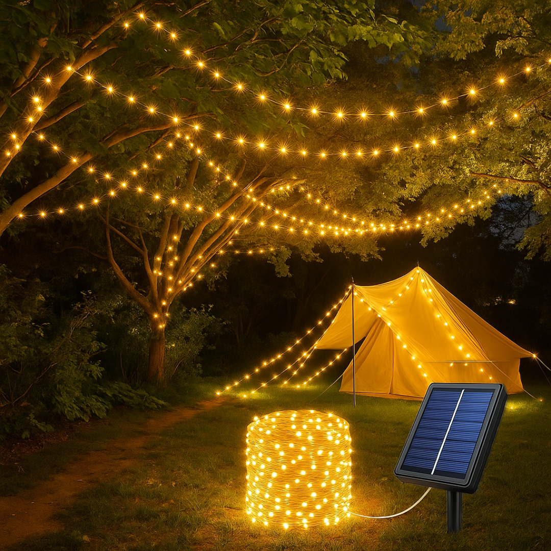 30m Solar LED Lichterkette, wetterfest, ideal für Terrassenbeleuchtung & Outdoor Ambiente im Garten.