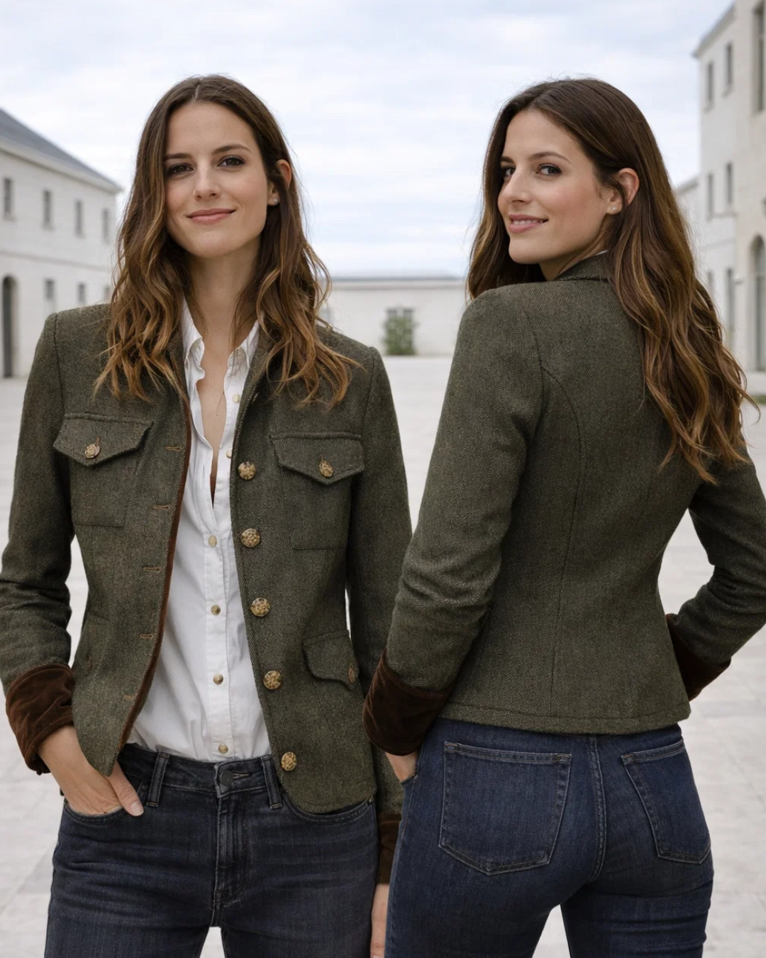 Taillierte Damenjacke aus grünem Tweed, klassisch und elegant, perfekt für Business-Looks.