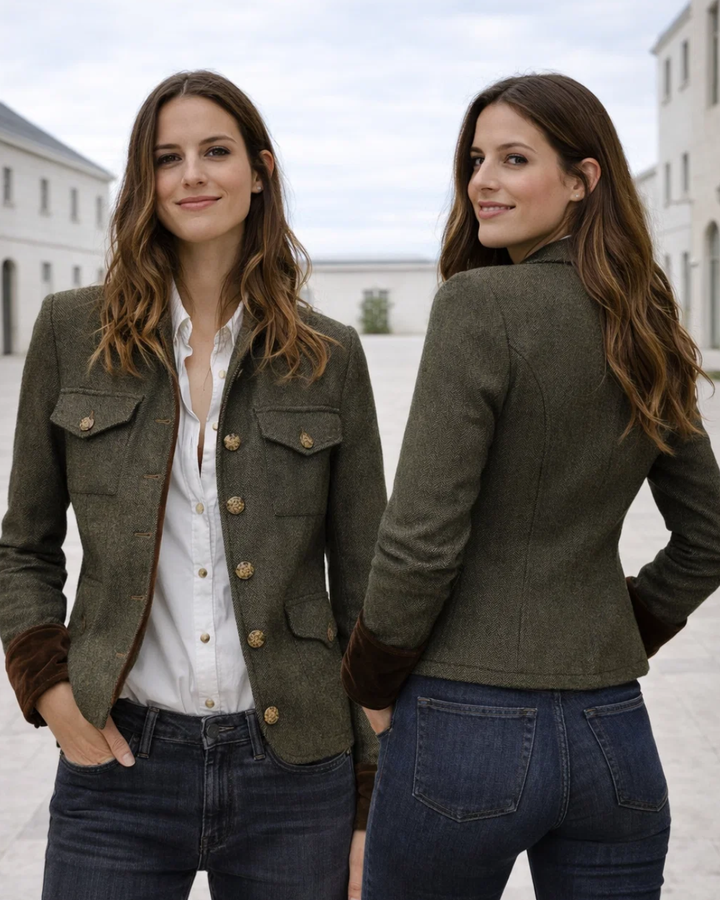 Taillierte Damenjacke aus grünem Tweed, klassisch und elegant, perfekt für Business-Looks.