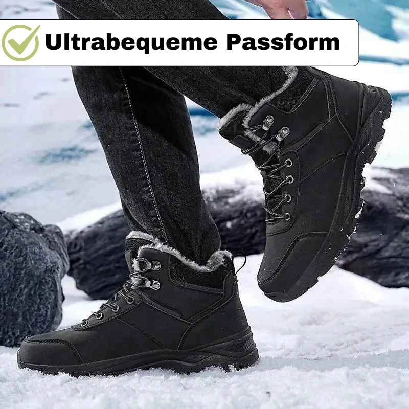 Nahaufnahme der rutschfesten Sohle ergonomischer Damen Winterstiefel, die für sicheren Tritt bei Nässe sorgt.