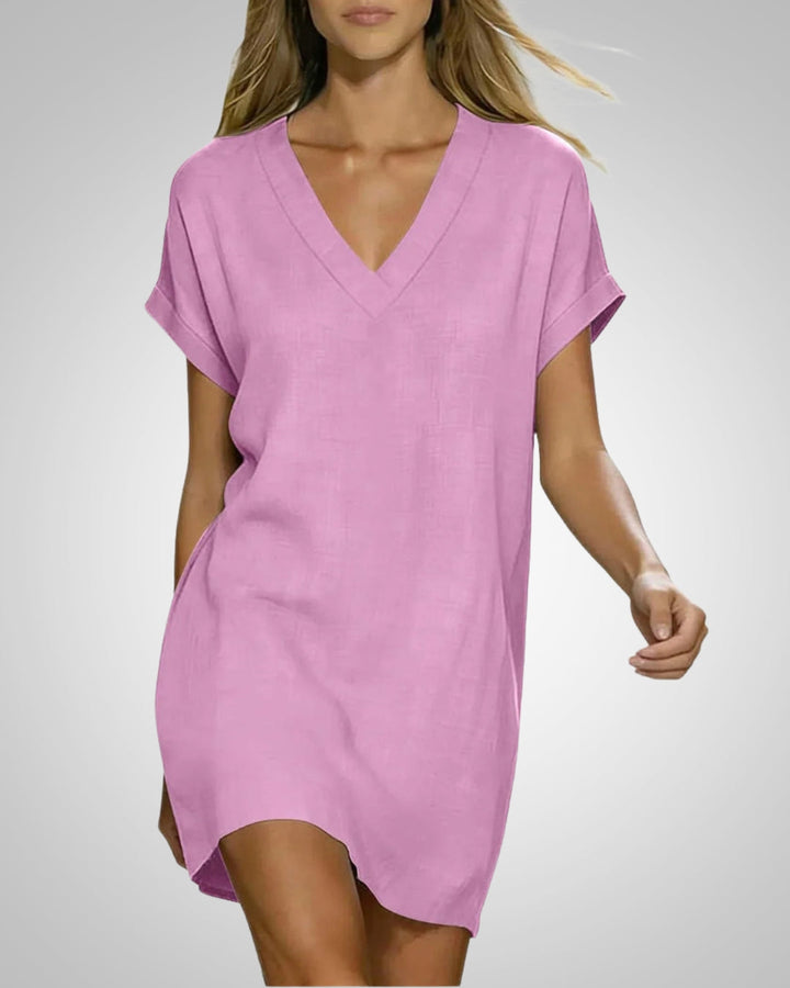 Leichtes Sommerkleid für Damen: bequemes Midikleid mit V-Ausschnitt und Kurzarm, ideal für heiße Tage.