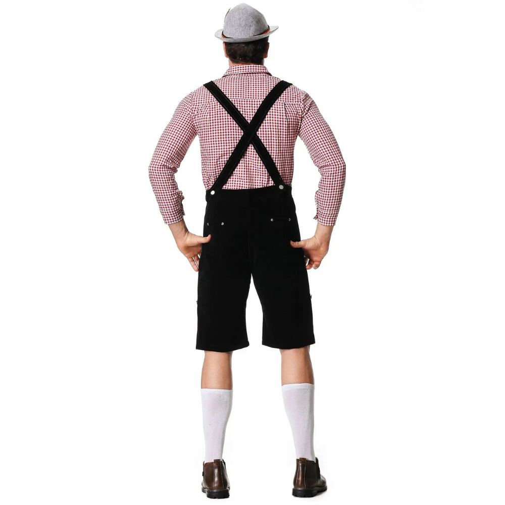 Komplettes Herren Trachten-Set für Oktoberfest: Lederhose, kariertes Hemd & Trachtenkrawatte im festlichen Design.
