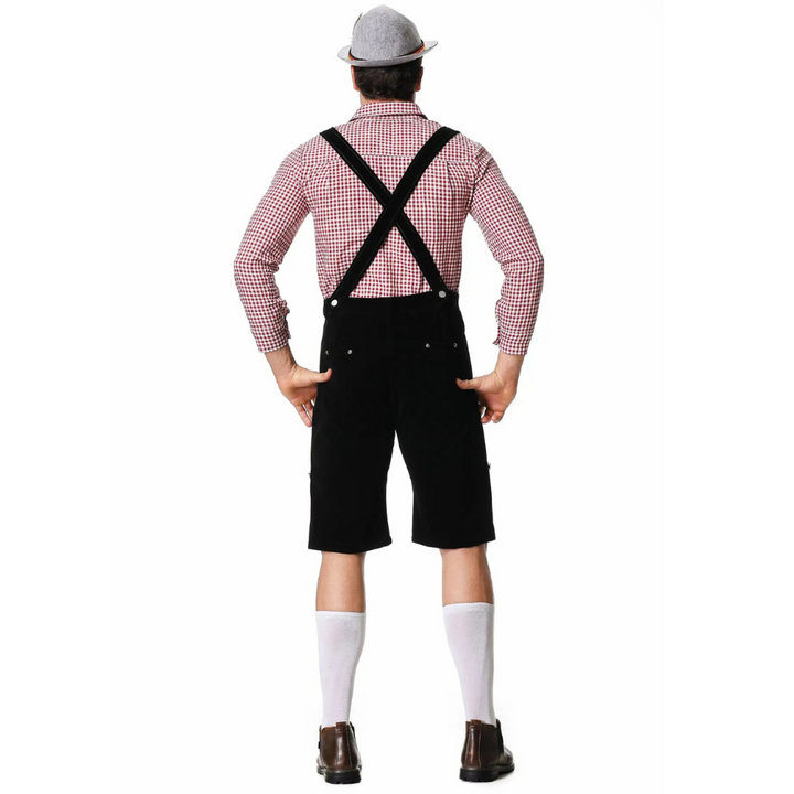 Komplettes Herren Trachten-Set für Oktoberfest: Lederhose, kariertes Hemd & Trachtenkrawatte im festlichen Design.