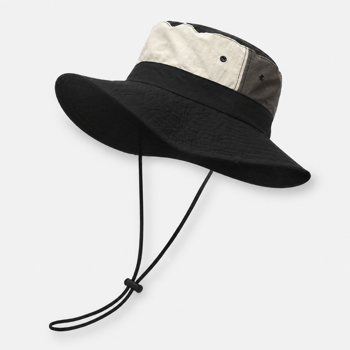Schwarzer UV-Schutz Sonnenhut mit breiter Krempe. Unisex Outdoor-Hut, atmungsaktiv, ideal für Wandern & Strand.