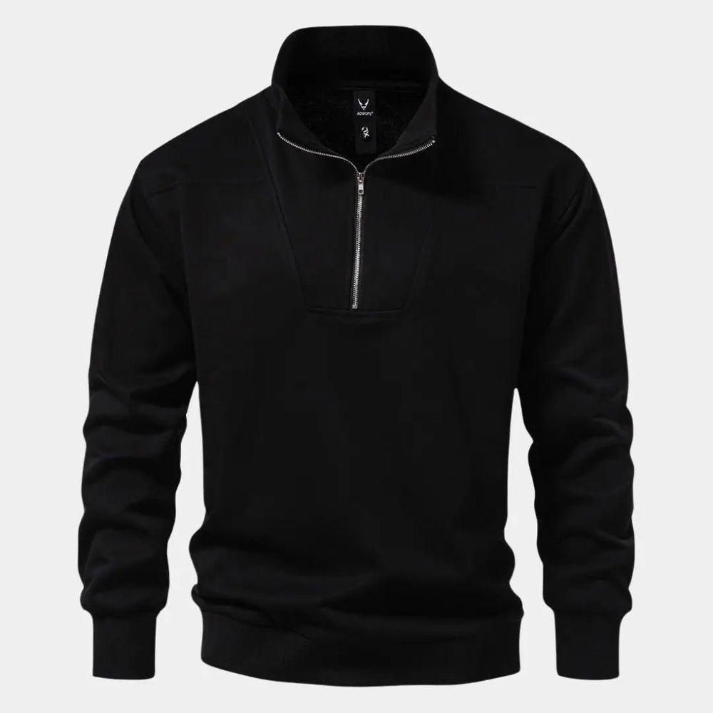 Moderner Herren Hoodie schwarz mit Reißverschluss und stilvollem Revers, perfekt für Casual-Looks und Freizeit.