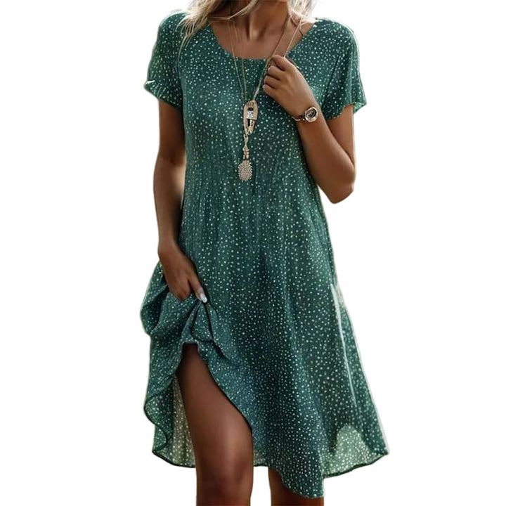 Grünes Damen Sommerkleid, bequem und stilvoll, mit floralem Muster. Ideal für Alltag & warme Tage.