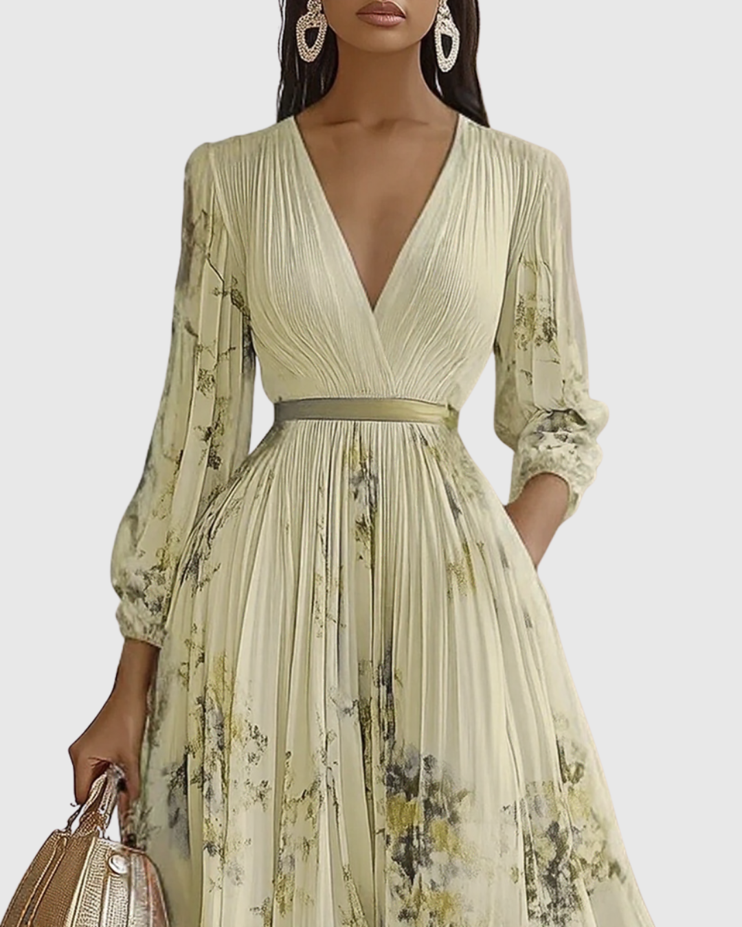 Bequemes Freizeitkleid: Damen Plissee Maxikleid mit fließendem Stoff und langen Ärmeln.