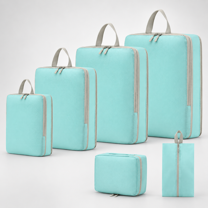 Vielseitiges Set komprimierbarer Packwürfel in verschiedenen Größen für geordnete Reisekleidung, unisex.